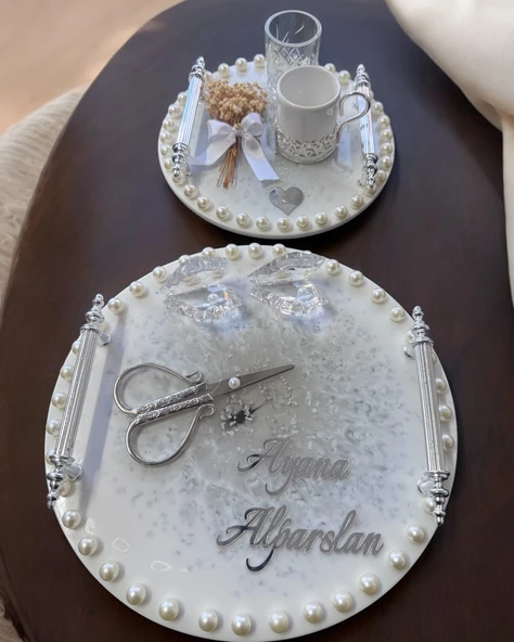 Ethereal Gümüş İncili Söz Nişan Tepsisi  Beyaz ürün görseli 1