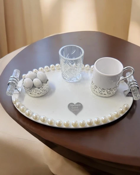 Luna İncili Gümüş Damat Kahve Tepsisi  Beyaz ürün görseli 1
