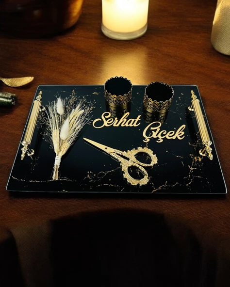 Heartfelt Siyah Cam Söz Nişan Tepsisi  BRONZ ürün görseli 1