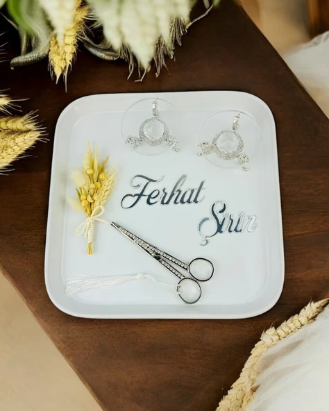 Bliss Gümüş Porselen Söz Nişan Tepsisi  Beyaz ürün görseli 1