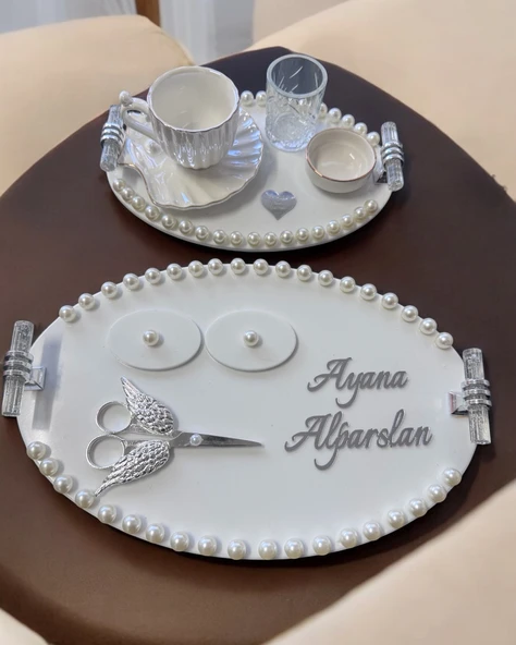 Lustre İncili Söz Nişan Tepsisi  krem ürün görseli 1