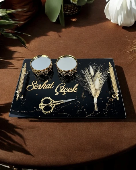 Heartfelt Siyah Cam Söz Nişan Tepsisi  gold ürün görseli 1