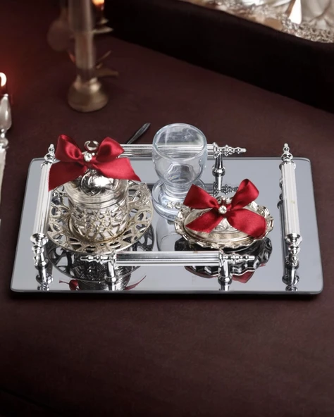 Reverence Gümüş Söz Kahve Damat Tepsisi  Kırmızı ürün görseli 1