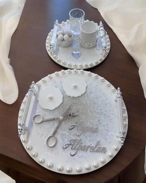Ethereal Gümüş İncili Söz Nişan Tepsisi  krem ürün görseli 1