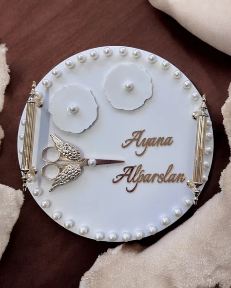 Ansel Gold İncili Söz Nişan Tepsisi  krem ürün görseli 1