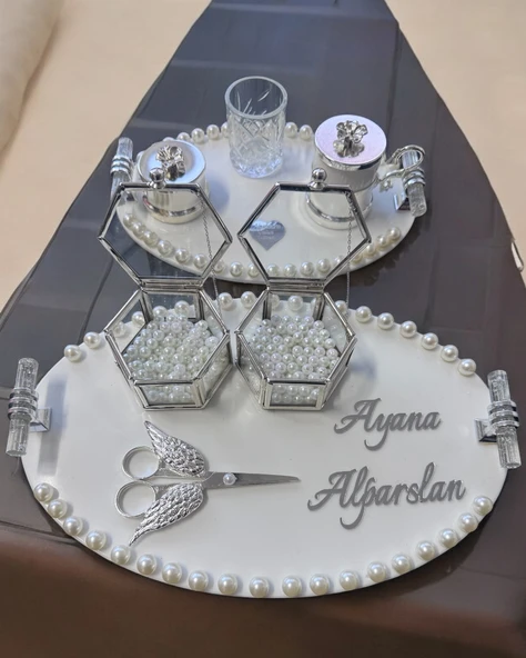 Lustre İncili Söz Nişan Tepsisi  GRİ ürün görseli 1