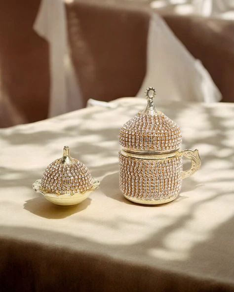 Finn Taşlı Damat Kahve Fincanı ve Lokumluk  gold ürün görseli 1