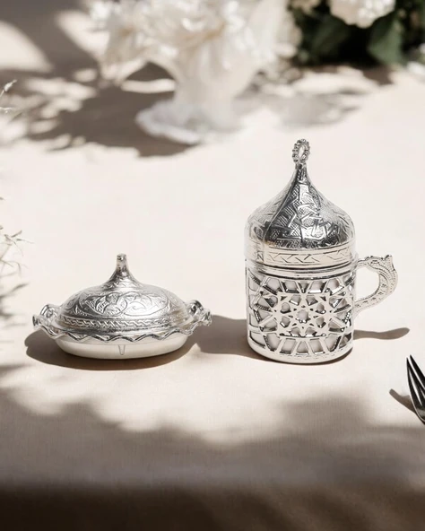 Nia Zamak Damat Kahve Fincanı ve Lokumluk  gümüş ürün görseli 1