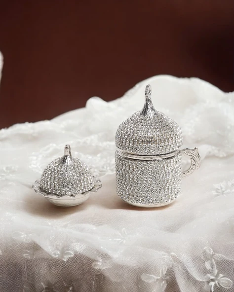 Finn Taşlı Damat Kahve Fincanı ve Lokumluk  gümüş ürün görseli 1