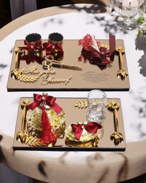 Harmony Gold Söz Nişan Tepsisi ve Damat Kahve Fincan Tepsisi  Kırmızı ürün görseli 1