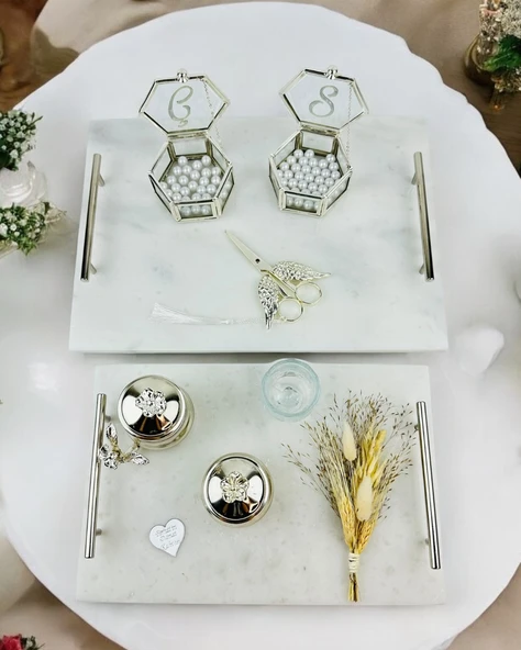 Gümüş Mermer Söz Tepsisi ve Damat Kahve Fincan Tepsisi  Kırmızı ürün görseli 1