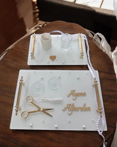 Bonding Gold Beyaz İncili Söz Tepsisi Nişan Tepsisi ve Damat Kahve Fincan Tepsisi  mavi ürün görseli 1