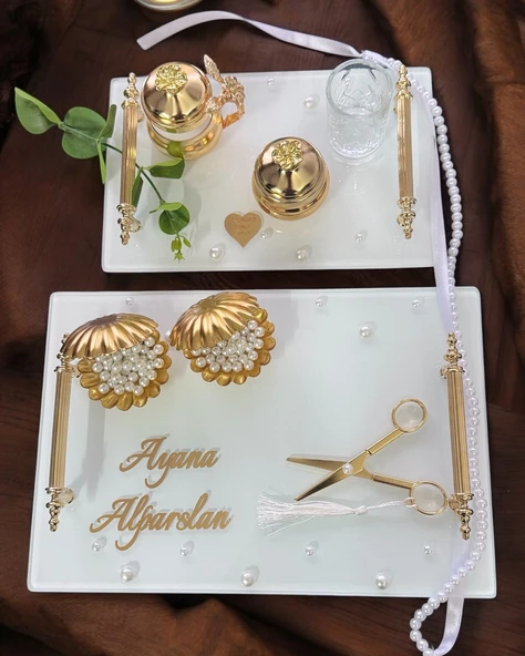 Bonding Gold Beyaz İncili Söz Tepsisi Nişan Tepsisi ve Damat Kahve Fincan Tepsisi  Mor ürün görseli 1