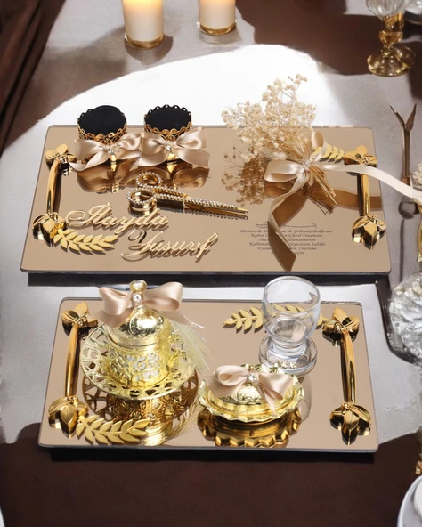 Harmony Gold Söz Nişan Tepsisi ve Damat Kahve Fincan Tepsisi  gold ürün görseli 1