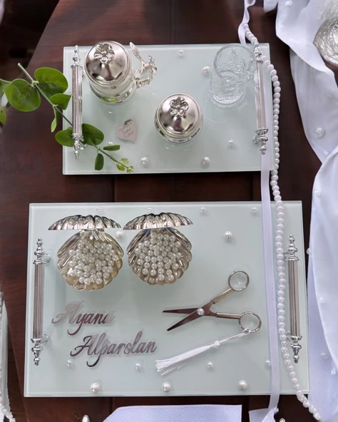 Bonding Gümüş Beyaz İncili Söz Tepsisi Nişan Tepsisi ve Damat Kahve Fincan Tepsisi  GRİ ürün görseli 1