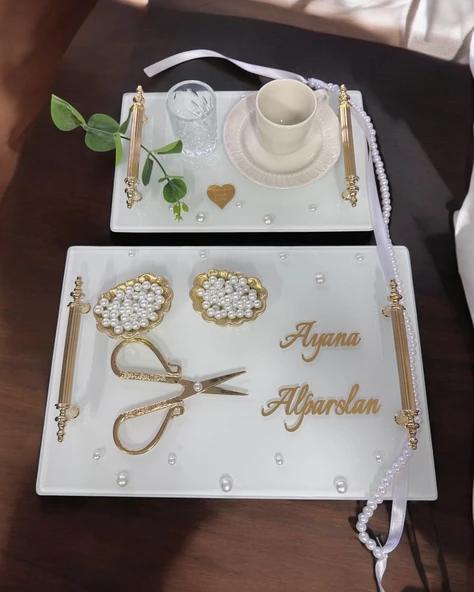 Bonding Gold Beyaz İncili Söz Tepsisi Nişan Tepsisi ve Damat Kahve Fincan Tepsisi  Pembe ürün görseli 1