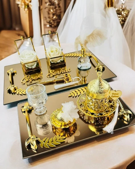 Cherish Gold Aynalı Nişan Tepsisi ve Söz Tepsisi  Beyaz ürün görseli 1