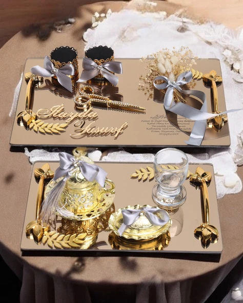 Harmony Gold Söz Nişan Tepsisi ve Damat Kahve Fincan Tepsisi  GRİ ürün görseli 1