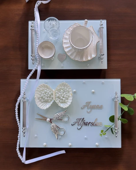Bonding Gümüş Beyaz İncili Söz Tepsisi Nişan Tepsisi ve Damat Kahve Fincan Tepsisi  Kırmızı ürün görseli 1