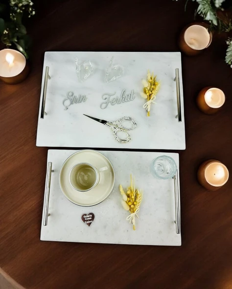 Gümüş Mermer Söz Tepsisi ve Damat Kahve Fincan Tepsisi  mavi ürün görseli 1