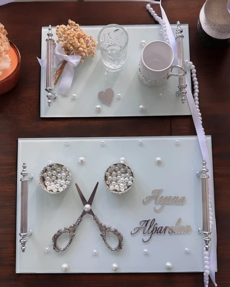 Bonding Gümüş Beyaz İncili Söz Tepsisi Nişan Tepsisi ve Damat Kahve Fincan Tepsisi  BRONZ ürün görseli 1