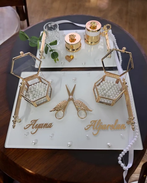 Bonding Gold Beyaz İncili Söz Tepsisi Nişan Tepsisi ve Damat Kahve Fincan Tepsisi  GRİ ürün görseli 1