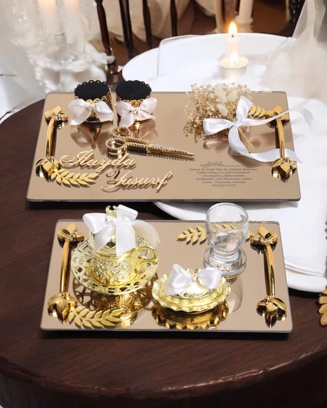 Harmony Gold Söz Nişan Tepsisi ve Damat Kahve Fincan Tepsisi  Beyaz ürün görseli 1
