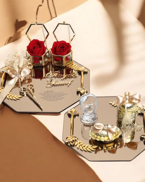 Affinity Sekizgen Gold Söz Nişan Tepsisi ve Damat Kahve Fincan Tepsisi  gold ürün görseli 1