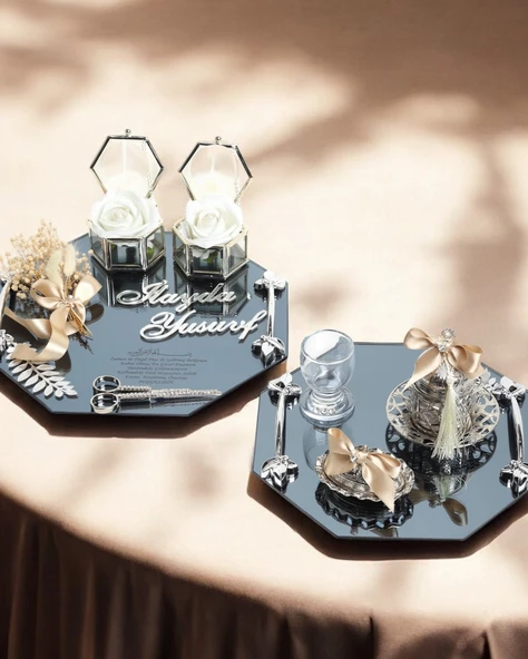 Affinity Sekizgen Gümüş Söz Nişan Tepsisi ve Damat Kahve Fincan Tepsisi  gold ürün görseli 1