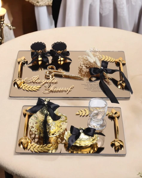 Harmony Gold Söz Nişan Tepsisi ve Damat Kahve Fincan Tepsisi  Siyah ürün görseli 1