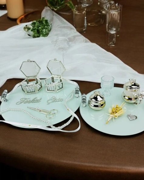 Cherish Söz Tepsisi ve Damat Kahve Fincan Tepsisi  krem ürün görseli 1