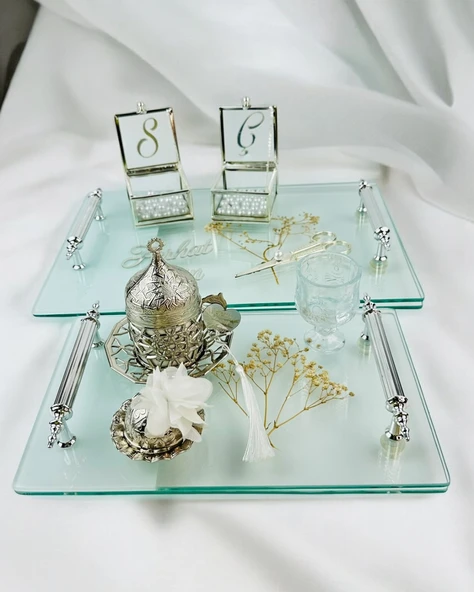 Devotion Şeffaf Söz Tepsisi ve Nişan Tepsi Seti  GRİ ürün görseli 1