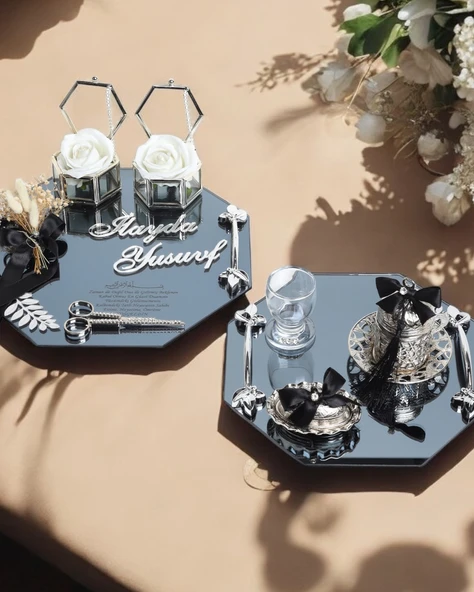 Affinity Sekizgen Gümüş Söz Nişan Tepsisi ve Damat Kahve Fincan Tepsisi  Siyah ürün görseli 1