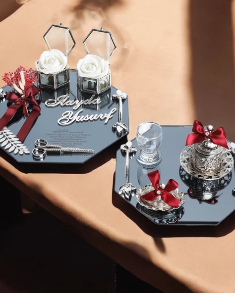 Affinity Sekizgen Gümüş Söz Nişan Tepsisi ve Damat Kahve Fincan Tepsisi  Kırmızı ürün görseli 1