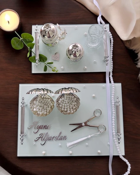 Bonding Gümüş Beyaz İncili Söz Tepsisi Nişan Tepsisi ve Damat Kahve Fincan Tepsisi  mavi ürün görseli 1
