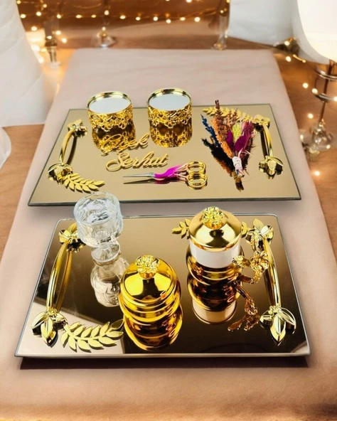 Cherish Gold Aynalı Nişan Tepsisi ve Söz Tepsisi  gold ürün görseli 1