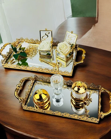 Eternal Gold Söz Nişan Tepsisi ve Damat Kahve Tepsisi  Beyaz ürün görseli 1