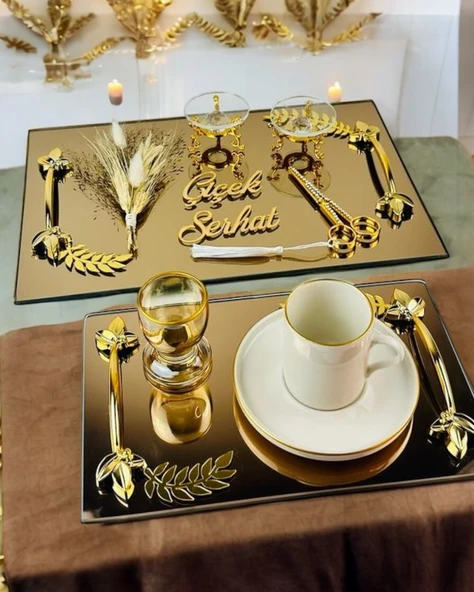 Cherish Gold Aynalı Nişan Tepsisi ve Söz Tepsisi  mavi ürün görseli 1