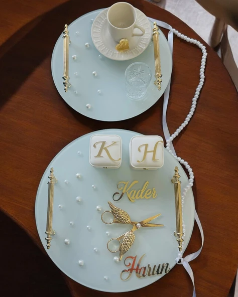 Beloved Gold Beyaz İncili Söz Tepsisi Nişan Tepsisi ve Damat Kahve Fincan Tepsisi  krem ürün görseli 1