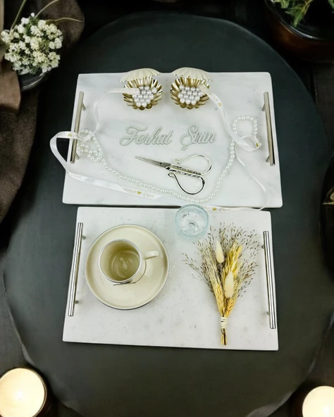 Gümüş Mermer Söz Tepsisi ve Damat Kahve Fincan Tepsisi  BRONZ ürün görseli 1