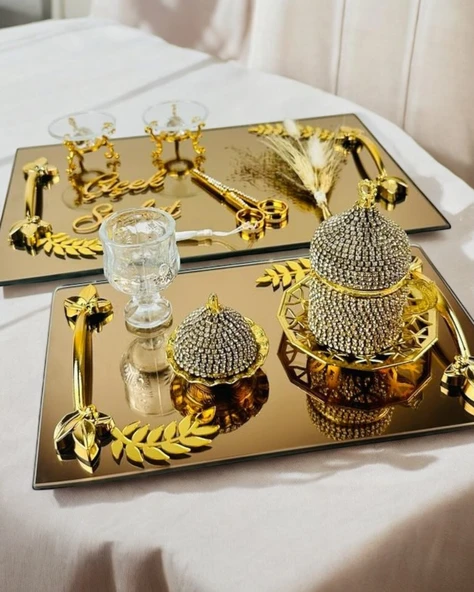 Cherish Gold Aynalı Nişan Tepsisi ve Söz Tepsisi  Siyah ürün görseli 1