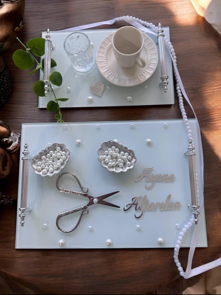 Bonding Gümüş Beyaz İncili Söz Tepsisi Nişan Tepsisi ve Damat Kahve Fincan Tepsisi  krem ürün görseli 1