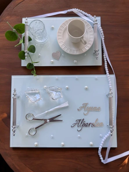 Bonding Gümüş Beyaz İncili Söz Tepsisi Nişan Tepsisi ve Damat Kahve Fincan Tepsisi  Siyah ürün görseli 1