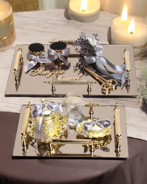 Gold Ayna 4 Kulplu Dikdörtgen Söz Nişan Tepsisi ve Damat Kahve Fincan Tepsisi  GRİ ürün görseli 1