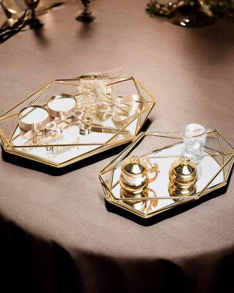 Elation Gold Prizma Söz Nişan Tepsisi ve Damat Kahve Fincan Tepsi Seti  BRONZ ürün görseli 1