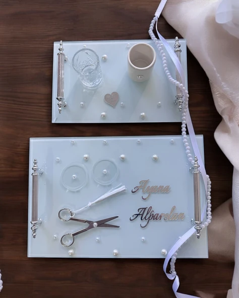 Bonding Gümüş Beyaz İncili Söz Tepsisi Nişan Tepsisi ve Damat Kahve Fincan Tepsisi  BORDO ürün görseli 1