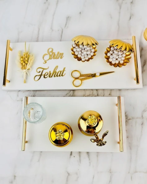Bond Gold Söz ve Mermer Nişan Tepsisi  Beyaz ürün görseli 1