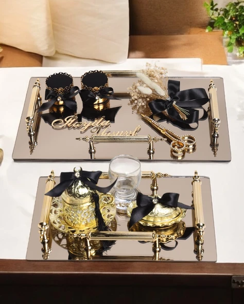 Gold Ayna 4 Kulplu Dikdörtgen Söz Nişan Tepsisi ve Damat Kahve Fincan Tepsisi  Siyah ürün görseli 1