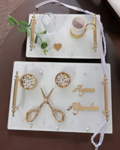 Bonding Gold Beyaz İncili Söz Tepsisi Nişan Tepsisi ve Damat Kahve Fincan Tepsisi  Kırmızı ürün görseli 1
