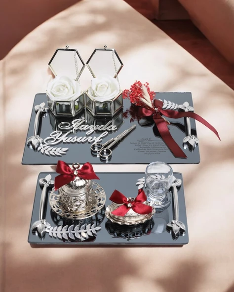 Harmony Gümüş Söz ve Nişan Tepsisi Damat Fincan Kahve Tepsisi  Kırmızı ürün görseli 1